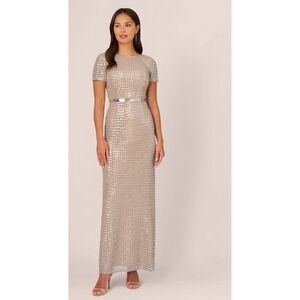 Papell Studio Sequin Mesh Evening Gown Formal Dress Silver Champagne Size 8